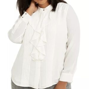 Calvin Klein White Ruffle Front Blouse, CRM Cream, Size 2X, NWT Old Money, Class